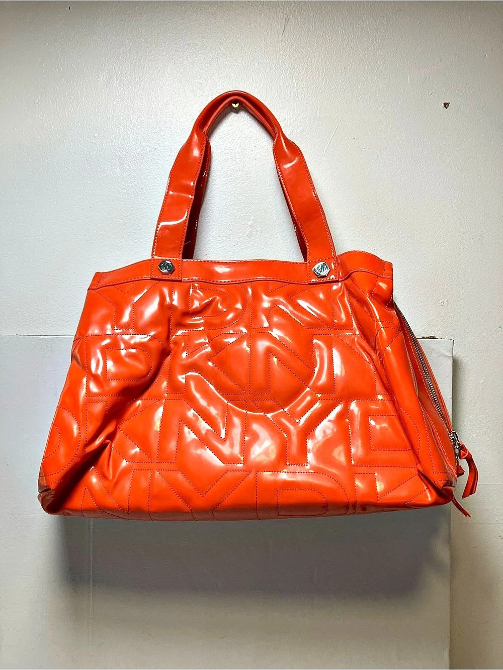 DKNY Active Patent Tote Bag Orange Geometric Tote